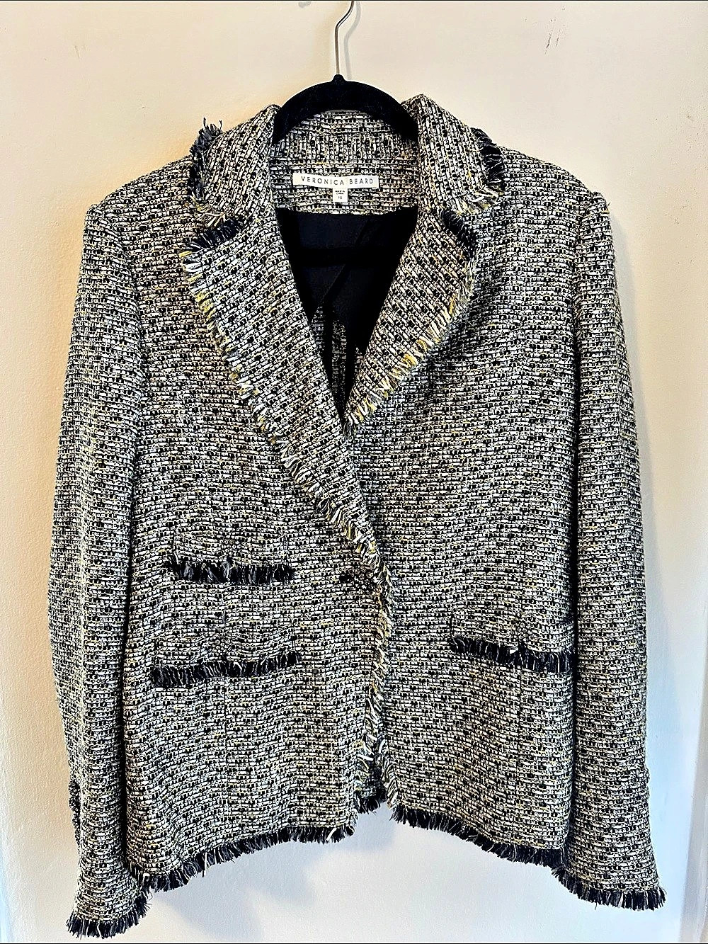 Veronica Beard Tweed Fringe Blazer Black & Yellow Size 10 Like New